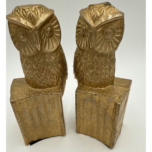 Vintage Gold-Tone Owl Bookends Pair With Textured Details Decorative - Picture 1 of 7